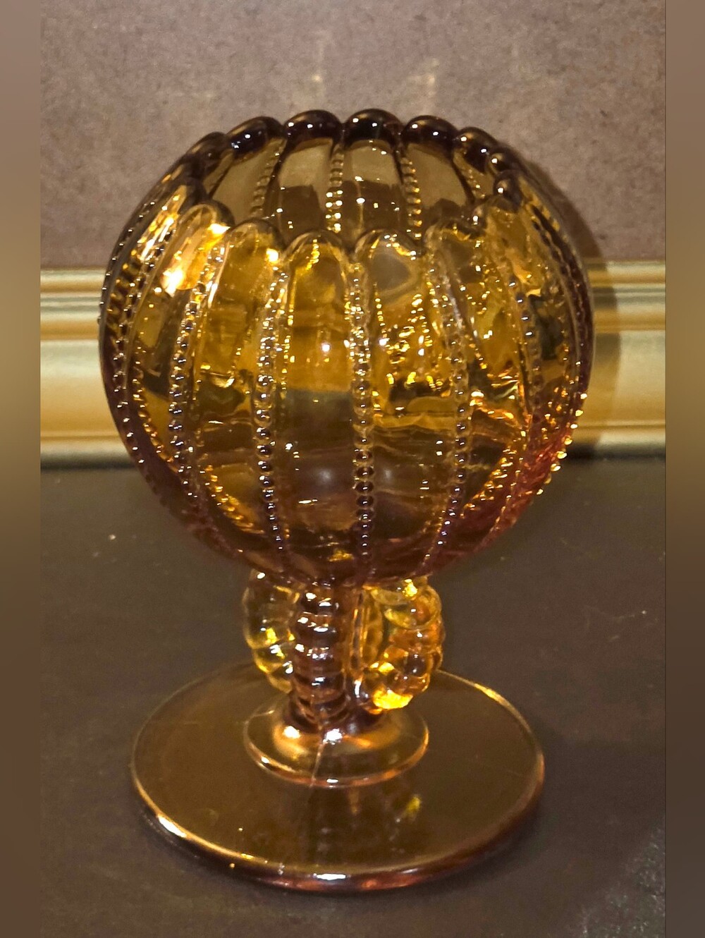 LG Wright Vintage Amber Pressed Glass Beaded Goblet